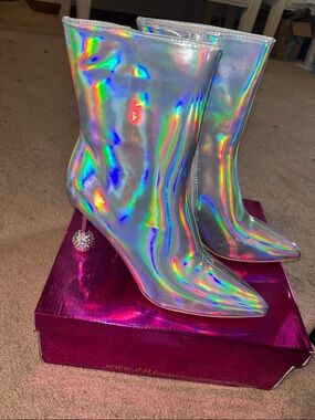 KAYLEEN By Los Angeles Holographic Silver Ankle Boots with Crystal Ball Heel